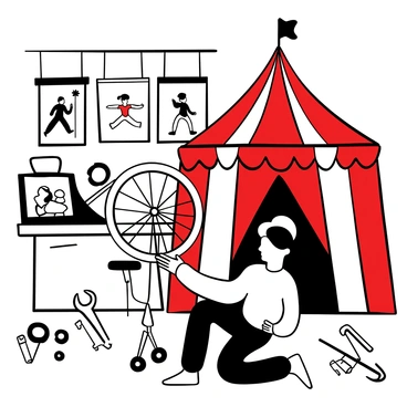 A person with short hair kneels beside a unicycle in a circus-themed workshop. The unicycle is propped up on a workbench, with various tools scattered around, including wrenches and screwdrivers. Colorful circus posters adorn the walls, featuring acrobats and trapeze artists. A large red and white striped tent is visible in the background, giving the setting a vibrant atmosphere. The person is focused on adjusting the wheel, with parts of the unicycle, such as the seat and pedal, lying nearby.