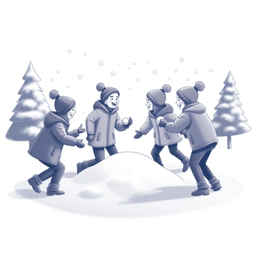 A group of four friends engaging in a lively snowball fight. Each friend is wearing warm clothing, including thick jackets, knitted hats, and gloves. Snowflakes fall gently from the sky, covering the ground in a thick layer of snow. One friend crouches behind a snow drift, preparing a snowball, while another stands ready to throw. Laughter and playful expressions adorn their faces as they enjoy the winter weather. Trees in the background are laden with snow, completing the wintry scene.