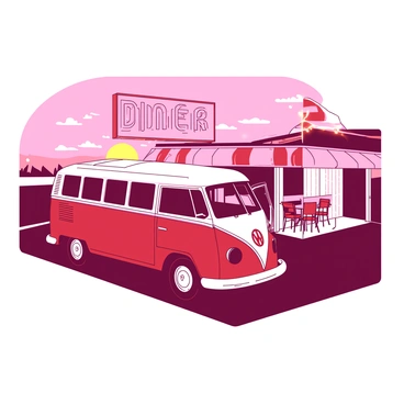 A red VW van is parked beside a white old-fashioned roadside diner. The diner is adorned with neon lights that are beginning to glow as the sun sets in the background, casting a warm hue over the scene. The sky is filled with shades of pink and orange as the sun dips below the horizon. The diner features a classic sign with the word "DINER" in bold letters, and there is a small outdoor seating area with a few tables and chairs. The van has its side door open, suggesting a welcoming atmosphere.