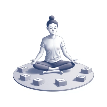 A person sitting cross-legged on a flat surface, engaged in meditation. The individual has their eyes closed, appearing calm and focused. Surrounding them are several mahjong tiles, arranged neatly in a circular formation. Each tile displays intricate symbols, contributing to the overall composition. The setting is simple, with no distractions, allowing the viewer to focus on the meditating figure and the tiles around them.