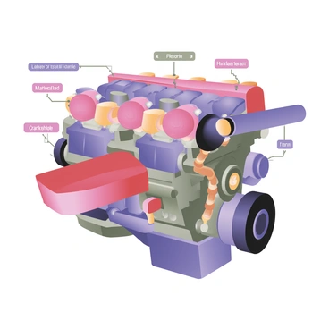 A colorful cutaway illustration showing the inner workings of a car engine