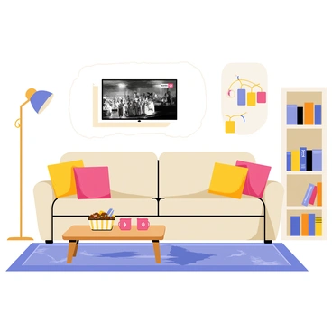 A cozy living room featuring a plush, beige couch adorned with colorful throw pillows. A wooden coffee table sits in front of the couch, holding a bowl of popcorn and two mugs of hot cocoa. On the wall, a large flat-screen television displays a black-and-white movie scene, and a small logo of a streaming service is visible in the corner of the screen. Soft, warm lighting emanates from a stylish floor lamp in one corner, creating a welcoming atmosphere. A bookshelf filled with various books and decorative items lines one wall, while a patterned rug covers the hardwood floor.