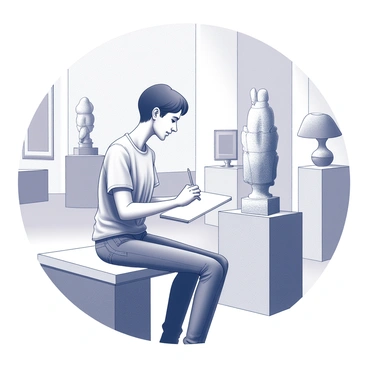 A person sitting on a bench in an art museum, intently sketching a sculpture placed on a pedestal in front of them. The individual has short hair and wears a t-shirt and jeans, with a sketchbook balanced on their lap and a pencil held in one hand. The sculpture, made of stone, features intricate details and is illuminated by soft lighting, highlighting its texture. The museum has high ceilings and walls adorned with various pieces of art in the background.