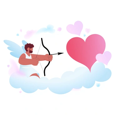 A playful Cupid is positioned on a fluffy cloud, holding a bow with an arrow pointed towards a large, vibrant heart. Cupid has delicate wings that shimmer in pastel colors, and he is wearing a flowing white garment. The heart is surrounded by smaller hearts and soft clouds drifting nearby. The background features a gradient of pastel colors that adds a whimsical touch to the scene.