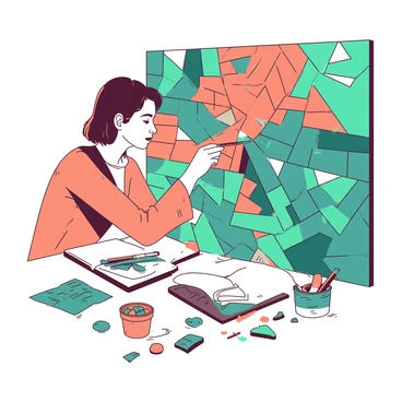 A mosaic artist is focused intently on creating a mural. The artist is surrounded by an array of vibrant tiles in various shapes and sizes, including pieces in shades of teal and orange. The mural is partially completed, showcasing a blend of intricate patterns. The artist uses a pair of tweezers to position a small teal tile carefully into place, ensuring a perfect fit among the surrounding pieces. The workspace is cluttered with tools, including a small container filled with more colorful tiles and adhesive. Light reflects off the shiny surfaces of the tiles, enhancing the vivid colors of the mural.