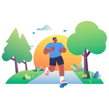 A person with medium skin tone is jogging along a scenic park path. The jogger is wearing a bright blue athletic shirt and black running shorts. The path is lined with green grass and colorful flower beds on either side. In the background, the sun is rising, casting warm orange and yellow hues over the sky, creating a vibrant backdrop. There are tall trees with lush green leaves providing shade along the path. A few birds are flying through the sky, completing the lively morning scene.