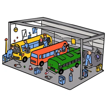A large garage with bright overhead lights illuminating the space. There are several buses lined up in neat rows, each one painted in vibrant colors. Mechanics in blue uniforms are working diligently on various buses, using tools and equipment to perform maintenance tasks. Some buses have their hoods open, revealing their engines, while others are being inspected from the outside. The floors are clean and organized, with toolboxes and maintenance equipment arranged systematically around the area.