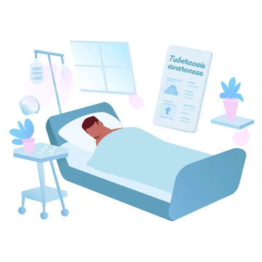 A hospital room with soft gradient pastel colors is depicted. A patient is resting in a bed, covered with a light blanket. The bed has white sheets, and the patient is surrounded by medical equipment, including an IV stand and a small table with medication. A window is present, allowing soft light to fill the room, and a potted plant sits on the windowsill, adding a touch of greenery. On the wall, there is a poster about tuberculosis awareness, showcasing informative graphics and text.