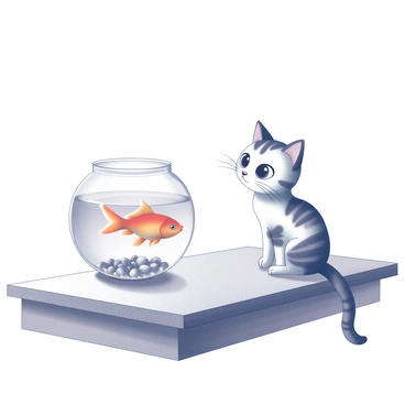 A cat with distinctive markings is sitting on the edge of a wooden table. It has large, inquisitive eyes focused intently on a goldfish swimming in a glass bowl. The bowl is filled with water and has small pebbles at the bottom. The goldfish is moving gracefully, creating small ripples on the water's surface. The light reflects off the glass, highlighting the fish's vibrant features. The cat's tail is flicking back and forth, indicating its curiosity and excitement.