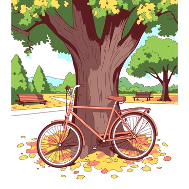 An orange antique bike is leaning against the trunk of a large tree with a thick, gnarled bark. The tree's expansive branches are filled with vibrant green leaves, some of which have started to turn yellow and orange, creating a warm contrast. The ground is covered with a thick layer of fallen leaves in shades of yellow and brown, creating a soft carpet. In the background, the park is tranquil, with a few distant benches and a pathway winding through the scenery. The sunlight filters through the leaves, casting dappled shadows on the ground around the bike.