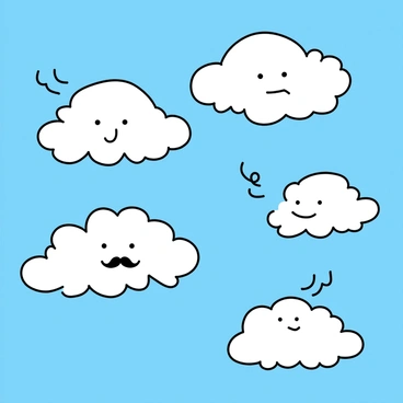 A blue sky filled with fluffy white clouds. The clouds are shaped like famous literary characters such as "Sherlock Holmes," depicted with a deerstalker hat and pipe, and "Alice," with a flowing dress and a curious expression. Another cloud resembles "Hercule Poirot," with a distinctive mustache. Each cloud formation is distinct and recognizable, creating a whimsical scene against the backdrop of the sky.