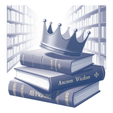 A crown placed delicately on top of a stack of ancient books. The books are weathered and aged, with visible leather bindings and gold embossing. The setting is a grand library with towering shelves filled with more books. Soft light illuminates the crown, highlighting its intricate details and embellishments. The books beneath the crown are slightly askew, adding a sense of history and character to the composition. "Ancient Wisdom" appears on the spine of one of the books, further enhancing the scholarly atmosphere of the scene.