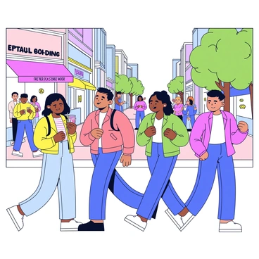 A group of four friends walking together on a busy city street. The street is lined with various shops featuring bright storefronts and signage. There are small cafes with outdoor seating, where customers are enjoying their drinks. The friends are engaged in conversation, with one of them pointing at a shop window. The scene is filled with people walking and chatting, creating a lively atmosphere. There are trees along the sidewalk, adding a touch of greenery to the urban environment.