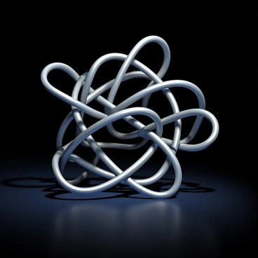 An abstract sculpture made entirely of silver paper clips is prominently displayed in the foreground. The paper clips are intricately intertwined, creating a complex and dynamic shape that twists and curves in various directions. The sculpture reflects light, casting delicate shadows on its surface. The background is a deep black, enhancing the shiny metallic quality of the paper clips and drawing attention to their unique form. The overall composition emphasizes the contrast between the intricate details of the sculpture and the simplicity of the background.