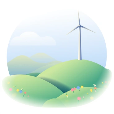 A lone wind turbine with white blades is positioned on a grassy hilltop. The turbine stands tall against a clear blue sky. Below, there are expansive green valleys that stretch into the distance, dotted with patches of wildflowers in various colors. The hills are gently rolling, creating a serene landscape. In the foreground, the grass sways gently in the breeze, providing a sense of movement to the scene. The sun casts soft shadows, enhancing the details of the turbine and the contours of the hills.