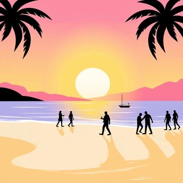 A beach with soft golden sand is illuminated by the warm colors of a sunset. The sky is filled with hues of orange, pink, and purple. Silhouettes of several people are seen walking along the water's edge, their reflections shimmering in the gentle waves. Palm trees sway slightly in the breeze, framing the scene on either side. In the distance, small boats can be seen gently bobbing on the water.