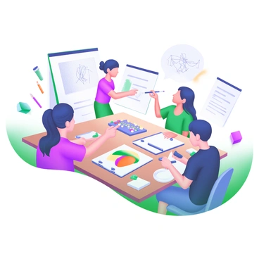 A group of four artists gathered around a large wooden table, engaged in a lively brainstorming session. The table is cluttered with various art supplies, including colored pencils, paint tubes, brushes, and a couple of sketchbooks filled with drawings. Each artist is focused on their work, sharing ideas and collaborating on sketches. One artist is pointing at a sheet of paper with a bright, unfinished drawing, while another is jotting down notes on a notepad. The atmosphere is creative and dynamic, with splashes of color from the art supplies enhancing the scene.