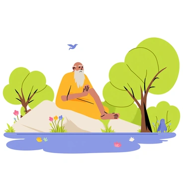 A hermit with a long grey beard and simple orange robes is sitting cross-legged on a large, smooth rock by the Ganges River. The river flows gently beside him, reflecting the clear blue sky. Lush green trees and colorful flowers surround the area, creating a vibrant natural setting. The hermit has his eyes closed, with a calm expression, embodying tranquility. Birds are flying above, and a few small animals can be seen peeking from behind the trees, adding to the serene atmosphere of the scene.