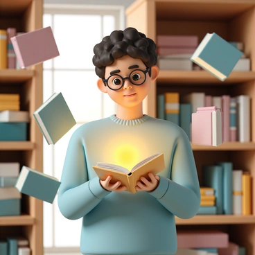 A person with short curly hair, wearing a soft blue sweater and glasses, stands in a cozy bookstore filled with wooden shelves packed with various books. They are surrounded by books that are floating gently around them, as if suspended in mid-air. In their hands, they hold a glowing book that emits a warm, golden light, symbolizing a strong intuition. The person's expression is one of wonder and focus as they look at the glowing book, while soft light filters in through a nearby window, illuminating the scene.