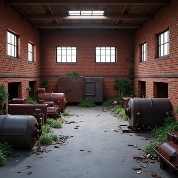 An old abandoned factory with crumbling brick walls. The factory features rusted machines scattered throughout the space, some half-buried in debris. Broken windows allow shards of glass to catch the light, while weeds and vines creep through the cracks in the concrete floor. The atmosphere is dim, with shadows cast by the dilapidated structures.