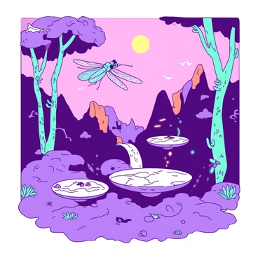 A vibrant alien habitat filled with unusual flora and fauna. The ground is covered in soft, purple moss that glows faintly in the dim light. Towering above are bioluminescent trees with teal bark and large, spiraled leaves. There are floating, circular platforms made of a translucent material, hovering just above the ground, providing resting spots for the creature. Water streams in the background, flowing from odd rock formations that have orange and blue hues. A fictional extraterrestrial creature, resembling a cross between a jellyfish and a dragonfly, flutters gracefully among the trees, its body shimmering with iridescent colors. The sky is a gradient of pink and yellow, dotted with two suns that cast a warm glow on the unique landscape.