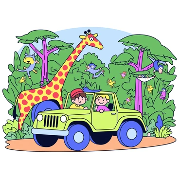 A safari jeep in a vibrant green jungle is driving along a dirt path. The jeep has large wheels and an open top, allowing for a clear view of the surroundings. Inside the jeep, two children are sitting, their eyes wide with excitement. One child has brown hair and is wearing a red baseball cap, while the other has blonde hair and is wearing a yellow t-shirt. Surrounding the jeep, various animals can be seen, including a tall giraffe bending down to munch on leaves, a group of playful monkeys swinging from branches, and a colorful parrot perched on a nearby tree. The dense foliage of the jungle is rich with various shades of green, with hints of vibrant flowers scattered throughout.
