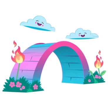 A whimsical children's storybook bridge with cartoonish flames and smiling clouds