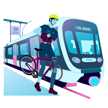 A cyclist with short hair and wearing a bright yellow helmet is boarding a sleek, modern metro train. The cyclist is dressed in a form-fitting black riding outfit with reflective accents. In one hand, the cyclist is holding a compact, foldable bicycle that is partially folded. The metro train features large glass windows and a shiny metallic exterior. The background shows a busy metro station with other commuters and digital information screens displaying train schedules. The lighting is bright, highlighting the dynamic movement of the cyclist as they step onto the train.