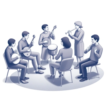 A diverse group of musicians is gathered together in a vibrant street setting. Each musician is playing a different instrument, showcasing their cultural heritage. One musician is playing a sitar, while another plays a djembe drum. A third musician is on a violin and a fourth is blowing into a flute. The musicians are positioned in a semi-circle, creating an inviting atmosphere for the audience. People of various ages and backgrounds are watching and enjoying the performance, some clapping along to the rhythm. The scene captures the energy and joy of a community coming together through music.