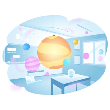 A classroom with pastel-colored walls is filled with various educational tools and resources. In the center, a large model of the solar system is suspended from the ceiling. The planets are represented by spherical shapes in vibrant colors, each showcasing their unique patterns and sizes. The model includes the sun at the center, radiating bright yellow and orange hues. Each planet is connected with thin strings to illustrate their orbits. Around the classroom, there are posters of space and astronomy, and a globe sits on a nearby table. A chalkboard displays diagrams of planets, and light filters through a window, casting soft shadows.