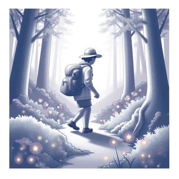 A person dressed in explorer attire, including a wide-brimmed hat and a rugged backpack, is stepping into a dense forest brimming with tall trees and lush foliage. The ground is covered in various plants and vegetation. Surrounding the explorer are flowers that emit a soft glow, illuminating the area with a radiant light. Small whimsical creatures, resembling fantasy animals, peek out from behind the foliage, their features playful and curious. The atmosphere is filled with intricate details of nature, showcasing the vibrant life within the enchanted forest.