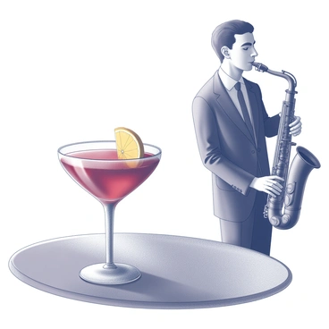 A cocktail glass filled with a negroni sits on a polished wooden table. The glass shows a clear view of a dark red liquid, garnished with a slice of orange. In the background, a saxophone player stands, holding a saxophone, with a focused expression as they play. The musician is positioned slightly to the side, creating a sense of depth in the composition. A soft light illuminates the scene, highlighting the details of the glass and the player's posture. The atmosphere suggests a lively yet intimate setting, typical of a jazz club.