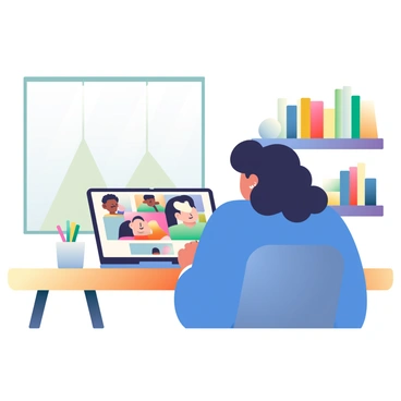 A salesperson with light skin and curly black hair is sitting at a modern wooden desk in a home office. She is wearing a bright blue blouse and is engaging with customers through a laptop in front of her. The laptop screen displays a video call interface with customer images visible. Next to the laptop, there is a white mug filled with pens and a small indoor plant in a ceramic pot. The backdrop features a bookshelf filled with colorful books and a large window allowing natural light to illuminate the room.