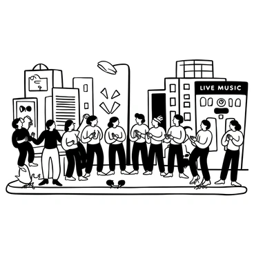 A small acapella choir is gathered on an urban street corner, dressed in matching attire. The choir members stand in a semi-circle, holding songbooks and singing with enthusiasm. Surrounding them are, onlookers observing the performance, some clapping along to the rhythm. Nearby, a streetlamp casts light over the scene, and a few pigeons are perched on the edge of a sidewalk. In the background, brick buildings rise, adding to the city atmosphere. "Live Music" is prominently displayed on a sign to the side.