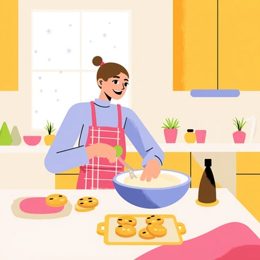 A woman with long brown hair tied in a bun is baking cookies in a cozy kitchen. She is wearing a red and white checkered apron over a light blue sweater. The kitchen is filled with warm light, and there are wooden cabinets and a colorful tiled backsplash. A large bowl sits on the counter filled with cookie dough, and she is using a cookie scoop. Snow can be seen falling softly outside the window, blanketing the ground with a thick layer of white. A tray of freshly baked cookies is cooling on the counter next to her.