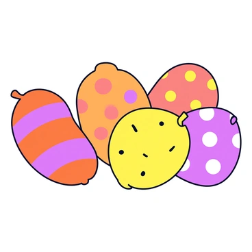 An arrangement of sweet potatoes in different shapes and sizes. Each sweet potato is painted in a distinct color, including vibrant shades of orange, purple, and yellow. The surface of the sweet potatoes features a variety of patterns, such as stripes, polka dots, and swirls. The sweet potatoes are displayed on a simple white background, emphasizing their colorful designs.