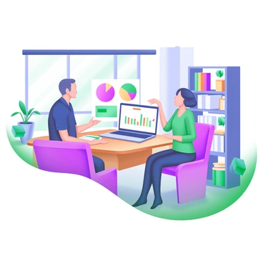 A modern pastel illustration depicting a financial advisor presenting various colorful graphs to a client. The office setting features a wooden desk with a laptop open, displaying a pie chart and a line graph. There are plush chairs arranged around the desk, and a bookshelf filled with finance books in the background. A large window lets in soft natural light, illuminating the room. Potted plants add a touch of greenery to the cozy atmosphere.