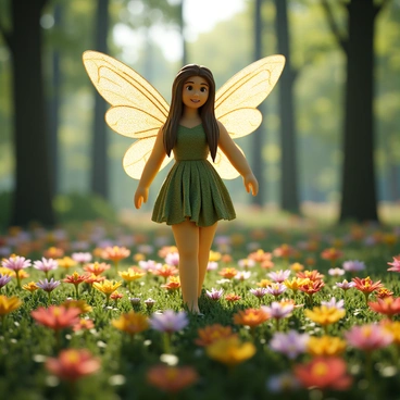 A forest fairy with delicate, iridescent wings adorned with intricate patterns, is fluttering gracefully above a vibrant bed of wildflowers. The fairy has long, flowing hair that cascades down her back, shimmering in shades of green and gold. She is wearing a dress made of soft leaves and petals that blend seamlessly with the natural surroundings. The wildflowers below her are a mix of bright colors, including red, yellow, and purple, creating a lively scene. Sunlight filters through the trees, casting dappled shadows on the ground and illuminating the fairy's enchanting figure.