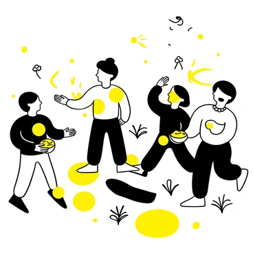 A group of children engaged in playful activities, covered in bright haldi powder. They are laughing and smearing each other with yellow haldi, creating a lively scene. Some children are holding small bowls filled with haldi, while others have their hands outstretched to apply it on their friends. In the background, there's a festive atmosphere with decorative elements like flowers and traditional items scattered around. Large, fun patterns of haldi adorn the ground where they are playing.