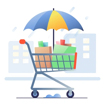 A shopping cart made of metal with a bright red handle is parked under a large, colorful umbrella. The umbrella has a blue and yellow pattern and is tilted to provide cover. Raindrops are visibly falling, creating small puddles on the ground around the cart. The shopping cart holds several bags filled with groceries, including a green reusable bag and a brown paper bag. In the background, a blurred view of gray buildings and a wet pavement can be seen, enhancing the rainy day atmosphere.
