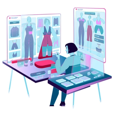 A character with medium skin tone and short black hair is sitting in a futuristic workspace, surrounded by holographic screens displaying various outfit designs. They are focused on adjusting a digital avatar wearing a stylish outfit that features vibrant colors and intricate patterns. The workspace is filled with tools and gadgets, including 3D model displays and virtual sketches of dresses and accessories. The character is using a stylus to select different fabric textures from a floating menu, showcasing creativity and attention to detail. The interface includes sections for tops, bottoms, shoes, and accessories with glowing icons.