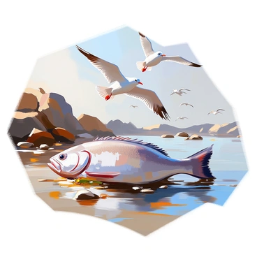 A large halibut with a flat body and mottled brown skin is swimming gracefully near a rocky shoreline. The water is clear, allowing the details of the fish to be seen as it glides effortlessly among scattered pebbles and seaweed. In the background, a rugged shoreline is visible with jagged rocks protruding from the water. Above, several seagulls with white feathers and gray wings are soaring in the sky, their shadows briefly crossing the surface of the water below them. The setting is a dynamic interaction between the sea life and the coastal landscape.