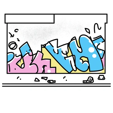 A graffiti mural with faded colors and peeling paint on a city wall