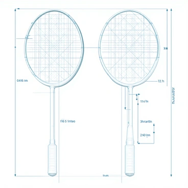 A detailed blueprint-style drawing of a badminton racket. The racket is shown from both the side and top views, highlighting its structure. The frame is depicted with precise measurements indicating length and width. The strings are illustrated in a crisscross pattern, showcasing the tension and spacing. Alongside, labeled sections detail the grip, shaft, head, and grommets. Dimension arrows are included to indicate size specifications, while a scale bar is positioned at the bottom for reference. The background is a simple grid to enhance the blueprint effect.