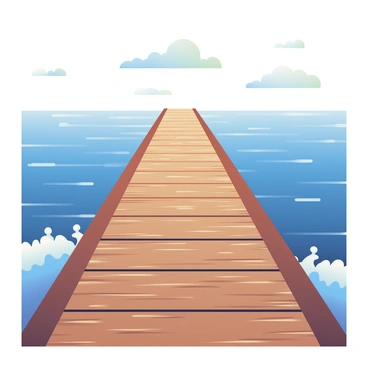 A wooden boardwalk is stretching out over the ocean, extending towards the horizon. The planks of the boardwalk are weathered and have a rich brown color with visible texture and knots. To the sides, waves are gently lapping against the edges of the boardwalk, causing small splashes. The ocean below is a deep blue, and the water reflects the light, creating shimmering patterns. The sky above is clear with a few scattered clouds, allowing sunlight to illuminate the scene.
