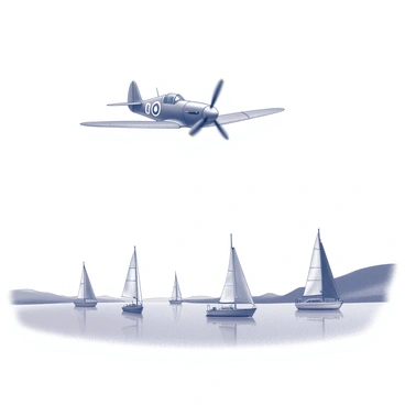 A Spitfire aircraft is soaring high above a bay. The scene captures the aircraft in sharp detail, showcasing its iconic shape and features. Below, several sailing boats are gliding gracefully across the water, their sails fully inflated as they catch the wind. The bay is bordered by gentle slopes, and the water reflects the surrounding landscape. The sky above is clear, allowing for an unobstructed view of the aircraft in flight.