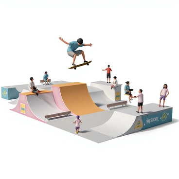 A skateboarder, wearing a black helmet, a blue t-shirt, and gray shorts, is mid-air performing a big jump off a wooden ramp. The skateboarder is positioned with knees bent, arms extended, and the skateboard tilted slightly to the side. Below, the skate park is filled with various ramps and obstacles, surrounded by several spectators. Some onlookers are standing and cheering, while others are sitting on benches. Bright graffiti decorates the ramps and walls around the park, adding vibrant colors to the scene. The sky is clear, and the sun casts sharp shadows on the ground.