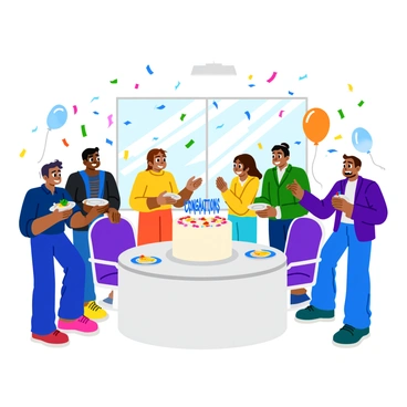 A group of stakeholders celebrating a project milestone in a bright office break room. They are standing around a large, round white cake with colorful sprinkles and "Congratulations" written in bold letters on top. Colorful confetti is falling from above, creating a festive atmosphere. Some stakeholders are laughing and clapping, while others are holding plates and forks, ready to dig into the cake. The break room has a large window with natural light streaming in, and there are balloons tied to the chairs.