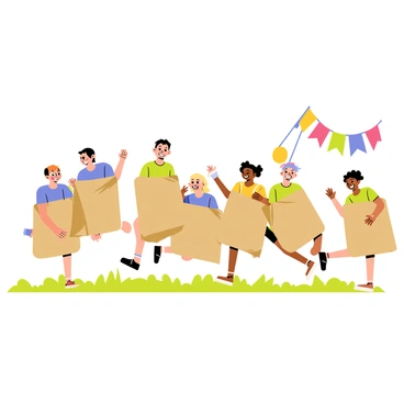 A group of cheerful participants hopping in brown burlap sacks. They have bright expressions on their faces, showing excitement and joy as they race towards a finish line. Colorful flags are flapping in the background, and green grass fills the ground beneath them. The scene captures the motion of their jumps, with some participants leaning forward eagerly and others slightly off-balance, adding to the lively atmosphere.