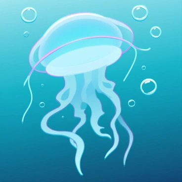 A translucent jellyfish with long, flowing tentacles, gracefully gliding through the water. Its bell-shaped body is illuminated from within, casting a soft glow. Surrounding the jellyfish is a delicate trail of bubbles, rising steadily toward the ocean surface. The bubbles vary in size, shimmering and reflecting light as they ascend. The background features a gradient of deep blue and turquoise, simulating the depths of the ocean.